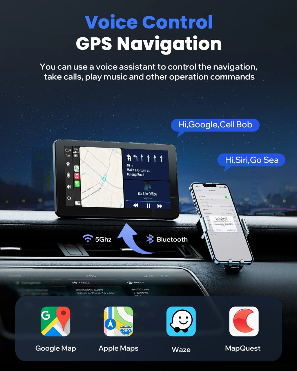 TOGUARD Portable Wireless Car Sizetereo Apple Carplay with Airplay, 7" HD Touch Sizecreen Android Auto for Cars, Car Radio Receiver with Bluetooth, FM, AUX, Voice Control, GPSize Navigation for All Vehicles