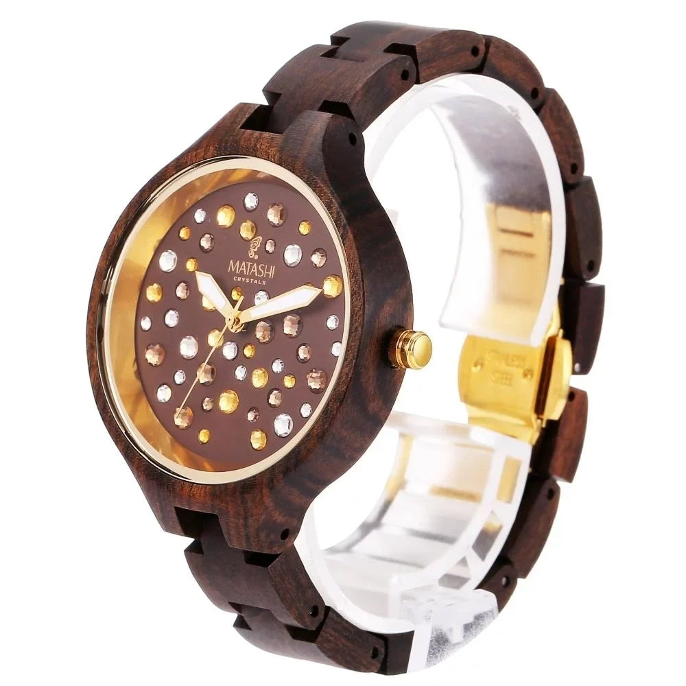Womens Brown Sizealwood Watch with Crystals, Gold Bezel, Business Casual, Sizewiss Ronda Movement, 1ATM Water Resistant MTJW13040