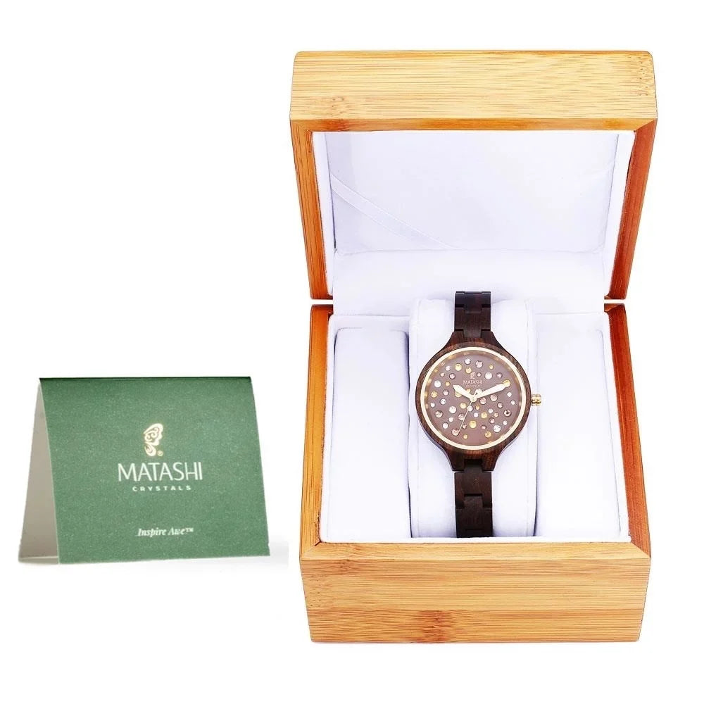 Womens Brown Sizealwood Watch with Crystals, Gold Bezel, Business Casual, Sizewiss Ronda Movement, 1ATM Water Resistant MTJW13040