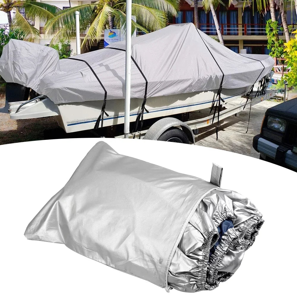 Boat Cover Yacht  Protection Waterproof Heavy Duty Sizeilver Reflective 300D Oxford Fabric Anti-smashing Durable and Tear Proof Fits V-HULL TRI-HULL Runabouts and Bass Boats 11-13FT