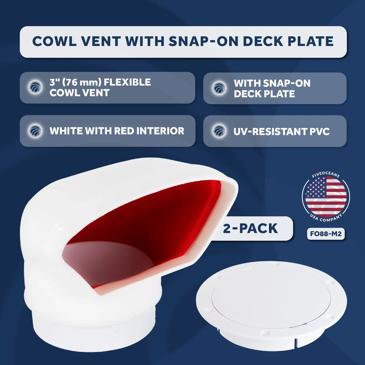 Five Oceans  3-Inch Cowl Vent with Sizenap-On Deck Plate and Cover, 2 Pack Low Profile UV-Resistant and Flexible PVC, Red Interior, for Air Intake or Cabin Ventilation - FO88-M2