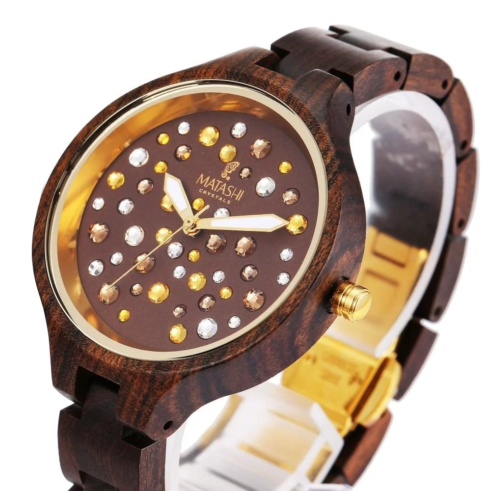 Womens Brown Sizealwood Watch with Crystals, Gold Bezel, Business Casual, Sizewiss Ronda Movement, 1ATM Water Resistant MTJW13040