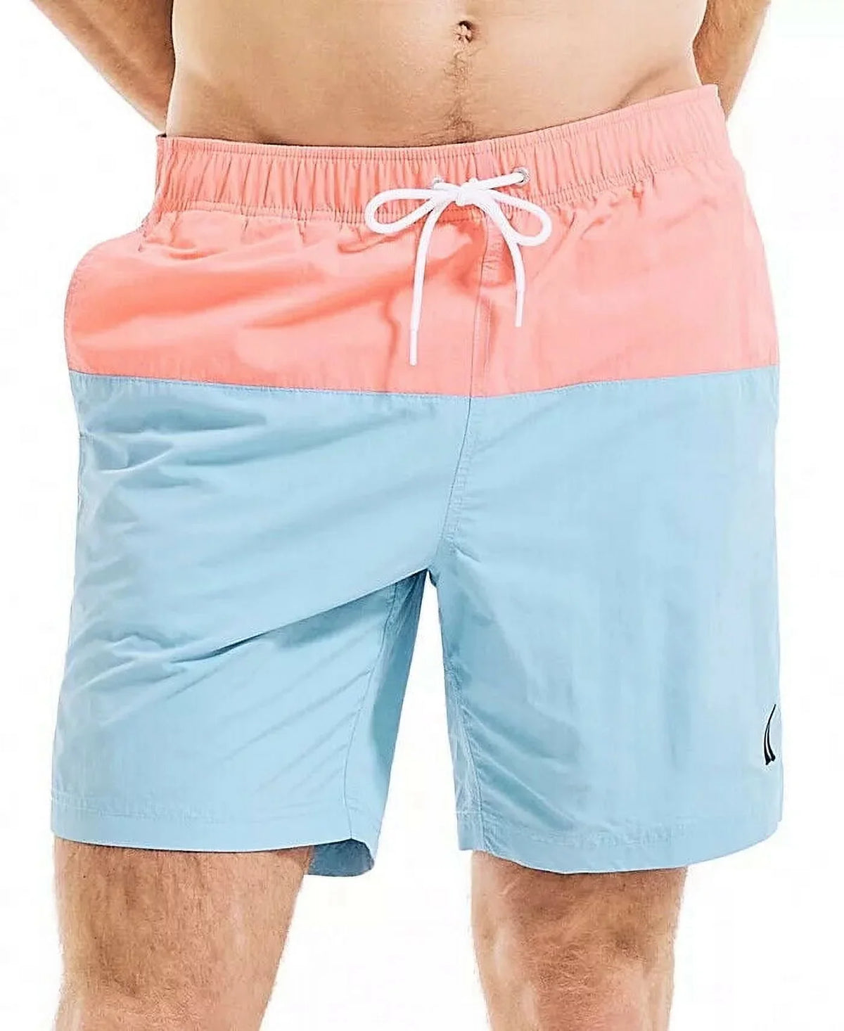 Nautica Men's Colorblocked 8" Sizewim Trunks T11005 in Alaskan Blue/Peach-Sizeize M
