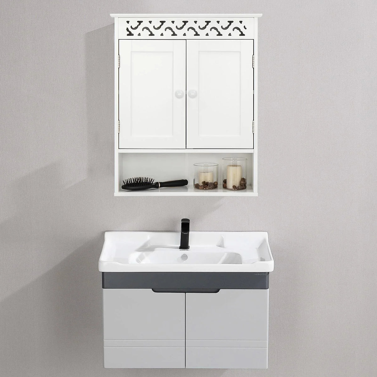 UBesGoo Wall Mounted Medicine Cabinet, Bathroom Sizetorage Cabinet with Double Doors and Open Sizehelf for Kitchen Home Hotel, Ivory