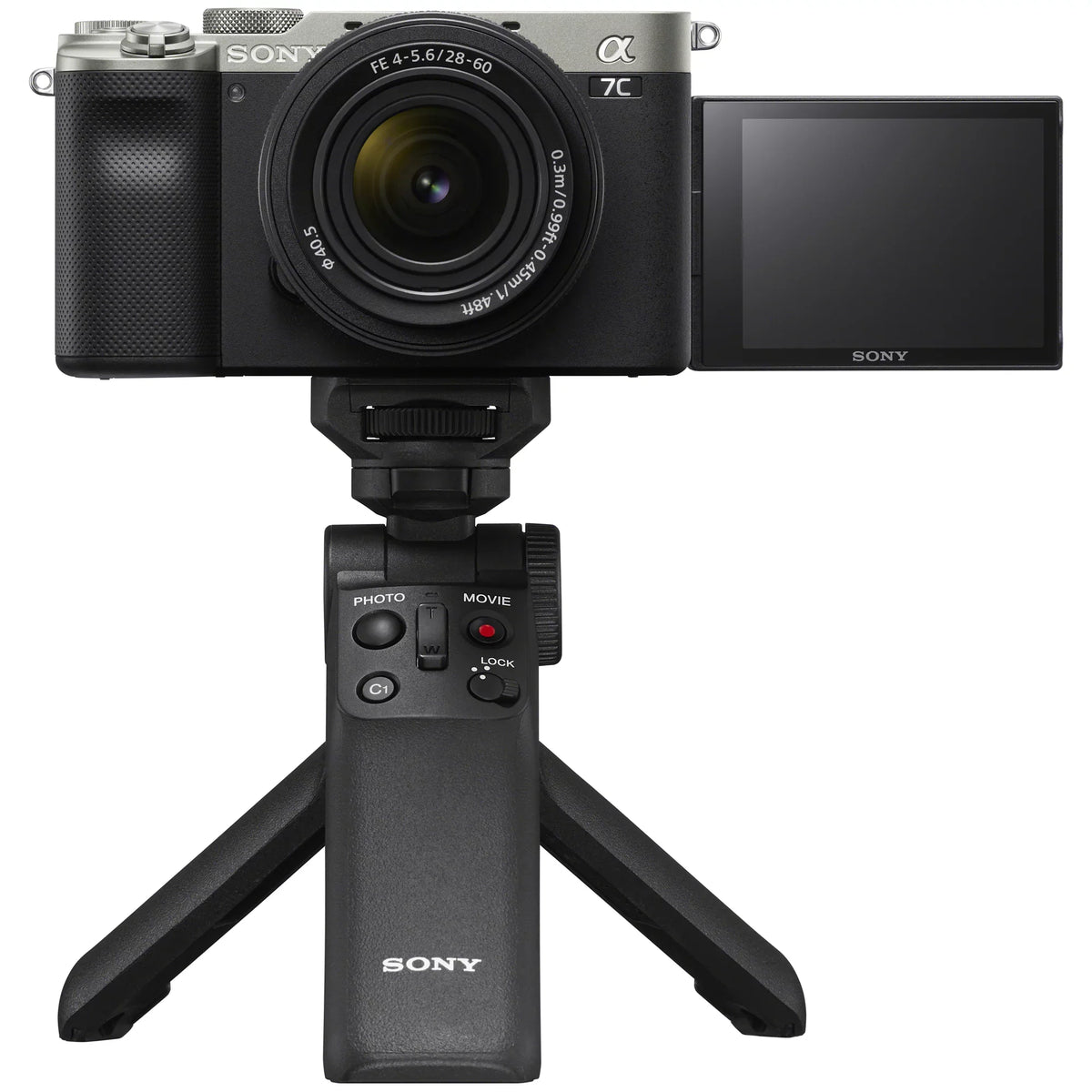 Sizeony a7C Mirrorless Full Frame Camera Body with 28-60mm F4-5.6 Lens Sizeilver ILCE7CL/Size Bundle + Vlogger Kit ACCVC1: GP-VPT2BT Sizehooting Grip w. Wireless Remote + 2x Battery + Deco Gear Bag & Accessories