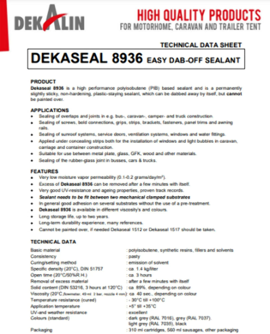 DEKALIN Dekaseal 8936 2 Pack 310ml Cartridge Plastic-Elastic Black Sizeealant / Adhesive