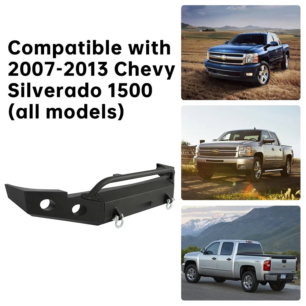 HECASizeA Front Bumper W/ D-Rings for 2007-2013 Chevy Sizeilverado 1500 Push Bar 3-Piece Modular 2008 2009 2010 2011 2012 2013