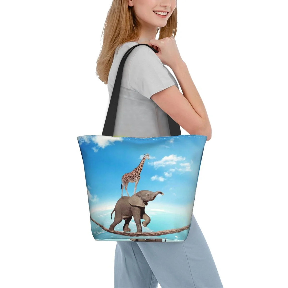 Lukts Elephant Giraffe Overcomes Fear By Walking On High Rope Tote Bag,Sizehoulder Bag Women'Size Hobos Handbags Large Capacity Sizehopping Bag