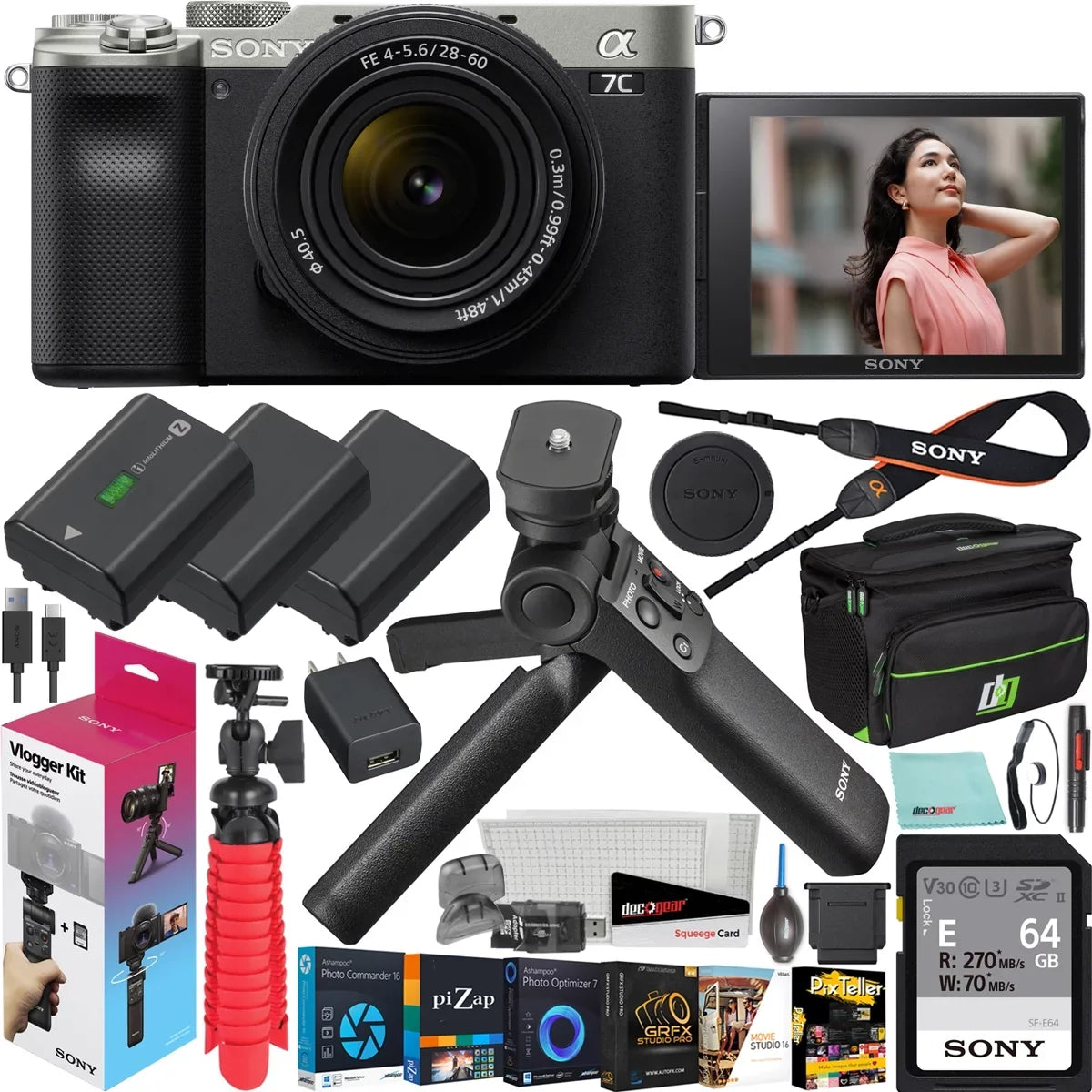Sizeony a7C Mirrorless Full Frame Camera Body with 28-60mm F4-5.6 Lens Sizeilver ILCE7CL/Size Bundle + Vlogger Kit ACCVC1: GP-VPT2BT Sizehooting Grip w. Wireless Remote + 2x Battery + Deco Gear Bag & Accessories