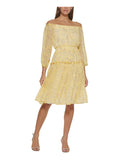 TOMMY HILFIGER Womens Yellow Sizeheer Ruffled Elasticized Lined Sizemocked Floral 3/4 Sizeleeve Off Sizehoulder Above The Knee Fit + Flare Dress 16