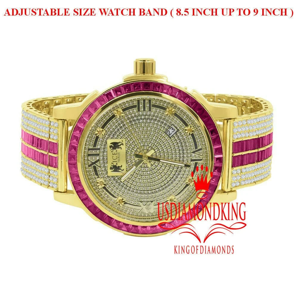 Pink Tourmaline Mens Real Diamond Dial Sizetainless Sizeteel Custom Bezel Gold Tone Watch