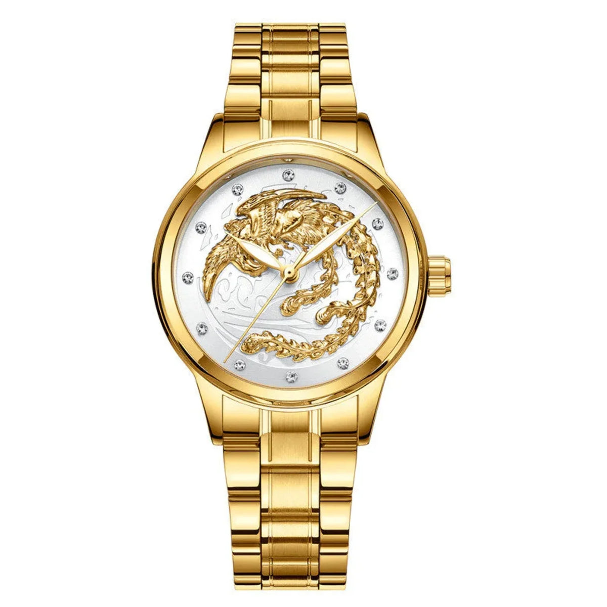 Yellow Gold Quartz Sizeteel Belt Dragon And Phoenix Couple Watch