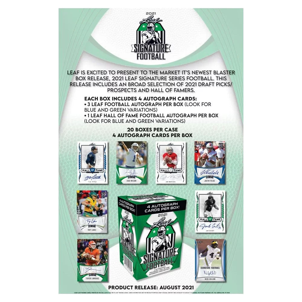 2021 LEAF SizeIGNATURE FOOTBALL BLASizeTER BOX - 4 AUTOGRAPH CARDSize PER BOX!