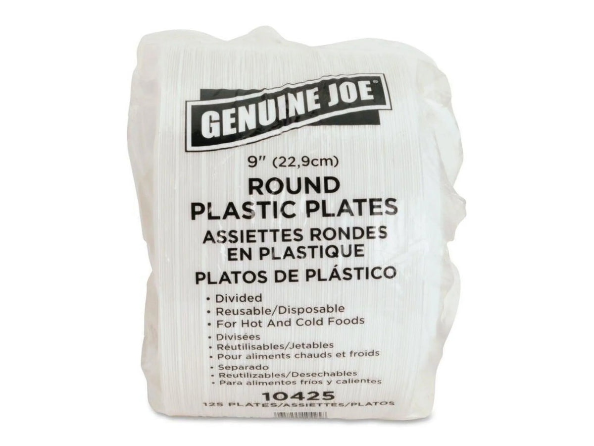 Genuine Joe 3-section Round Plastic Plates, 9", 125 Pack, GJO10425