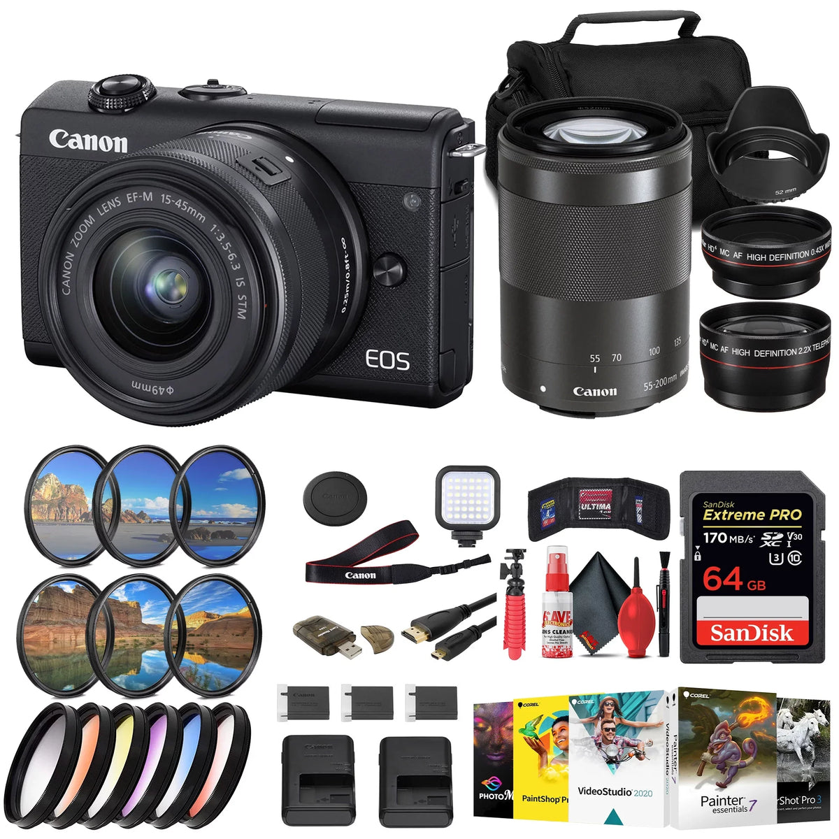 Canon EOSize M200 Mirrorless Camera with 15-45mm and 55-200mm Lenses (Black) (3699C009) + Color Filter Kit + Filter Kit + 2 x 64GB Card + Charger + 2 x LPE12 Battery + Card Reader + More