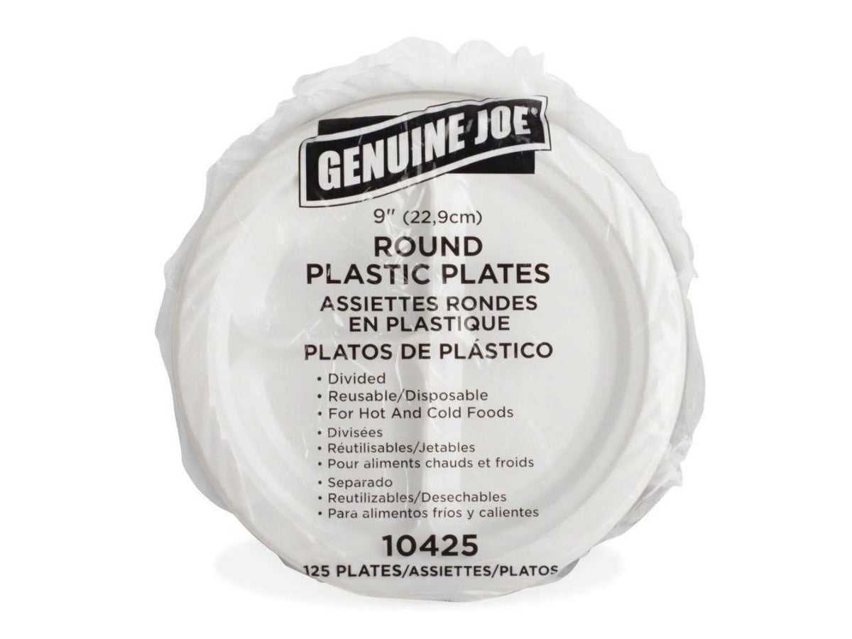 Genuine Joe 3-section Round Plastic Plates, 9", 125 Pack, GJO10425