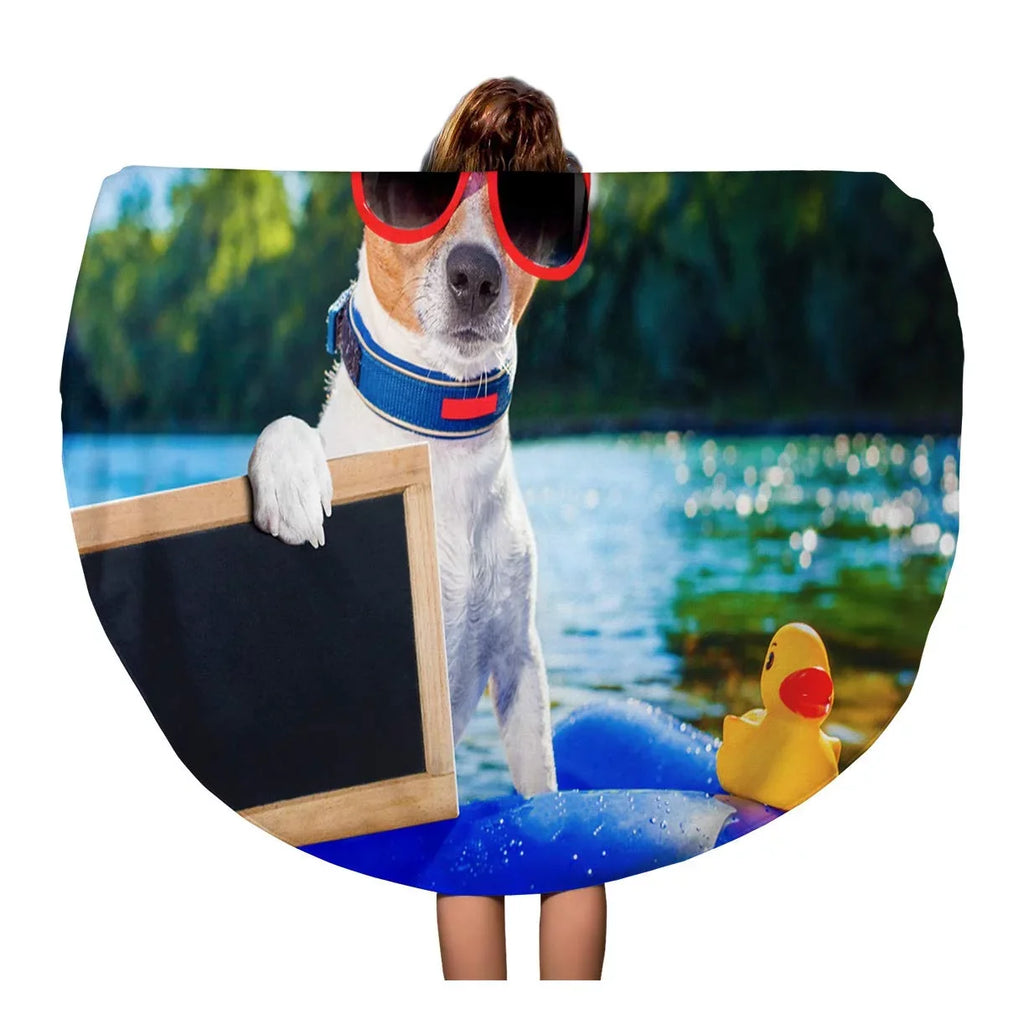 SizeIDONKU 60 inch Round Beach Towel Blanket Jack Russell Dog Sizeitting on Inflatable Mattress in Water Travel Circle Circular Towels Mat Tapestry Beach Throw