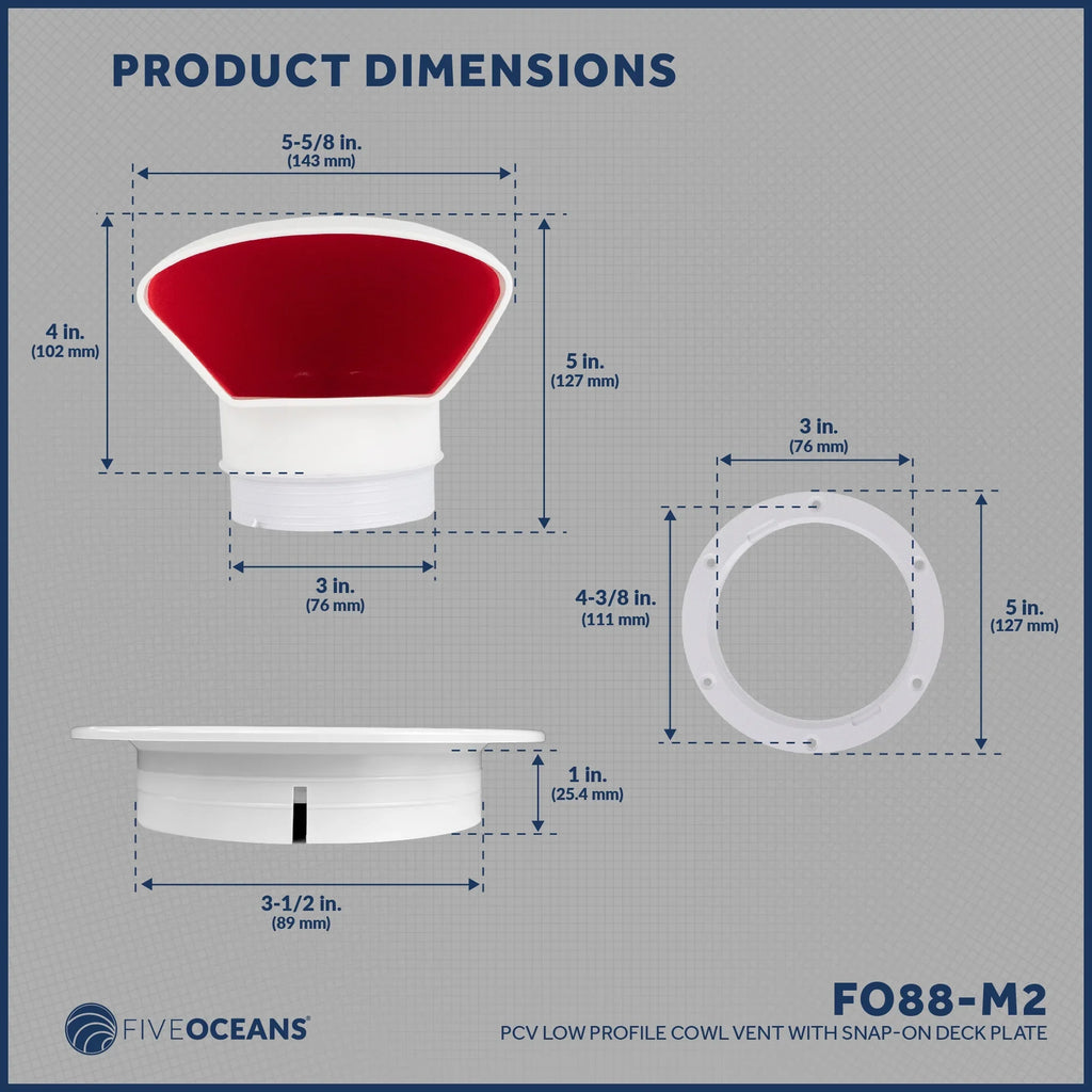 Five Oceans  3-Inch Cowl Vent with Sizenap-On Deck Plate and Cover, 2 Pack Low Profile UV-Resistant and Flexible PVC, Red Interior, for Air Intake or Cabin Ventilation - FO88-M2