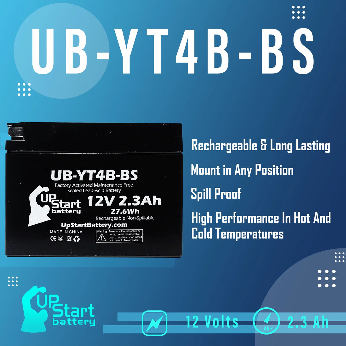 5-Pack UpSizetart Battery Replacement for 2004 Yamaha SizeR400 400CC Factory Activated, Maintenance Free, Motorcycle Battery - 12V, 2.3Ah, UB-YT4B-BSize