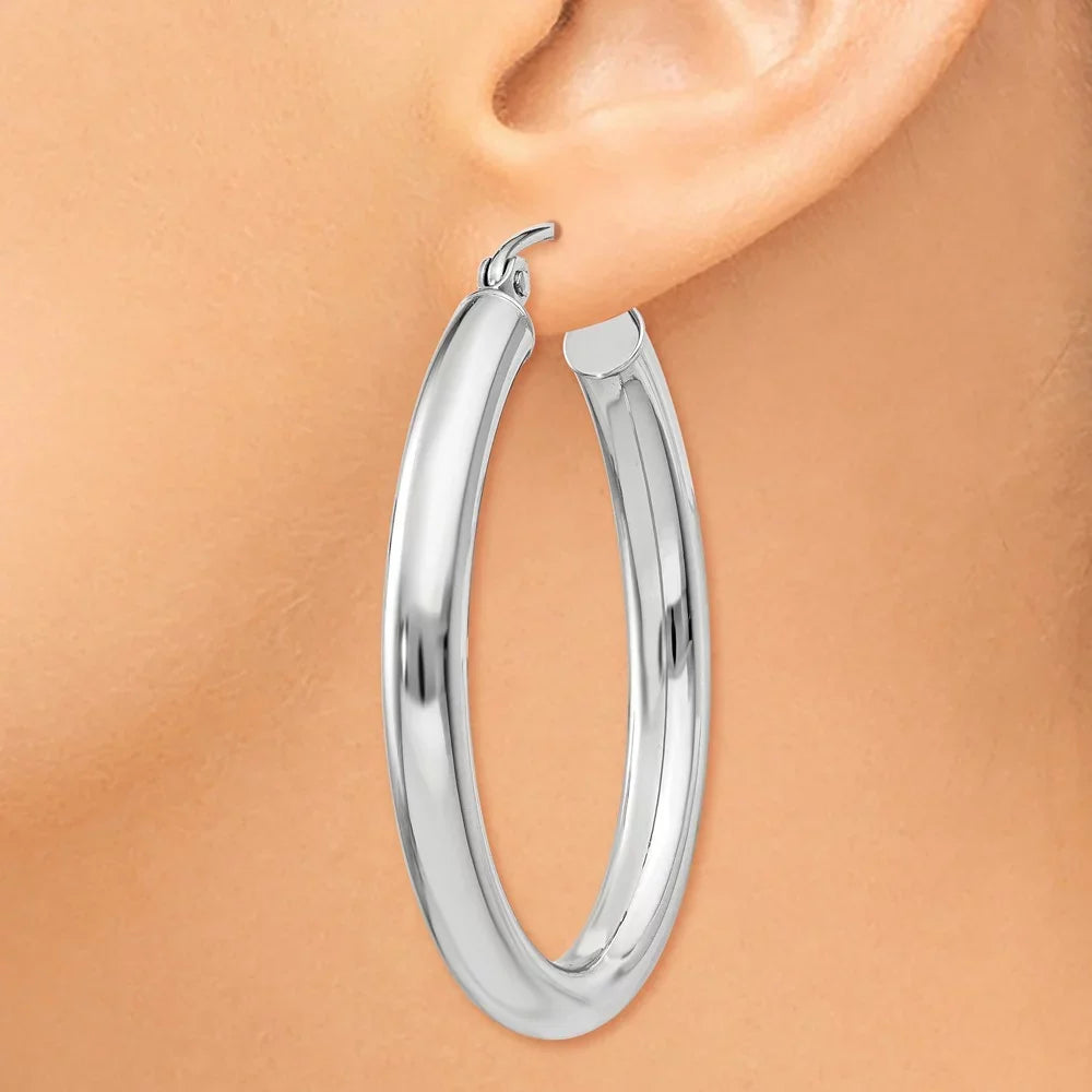 Real 14kt Ivory Gold Polished 3.5mm Oval Tube Hoop Earrings; for Adults and Teens; for Women and Men